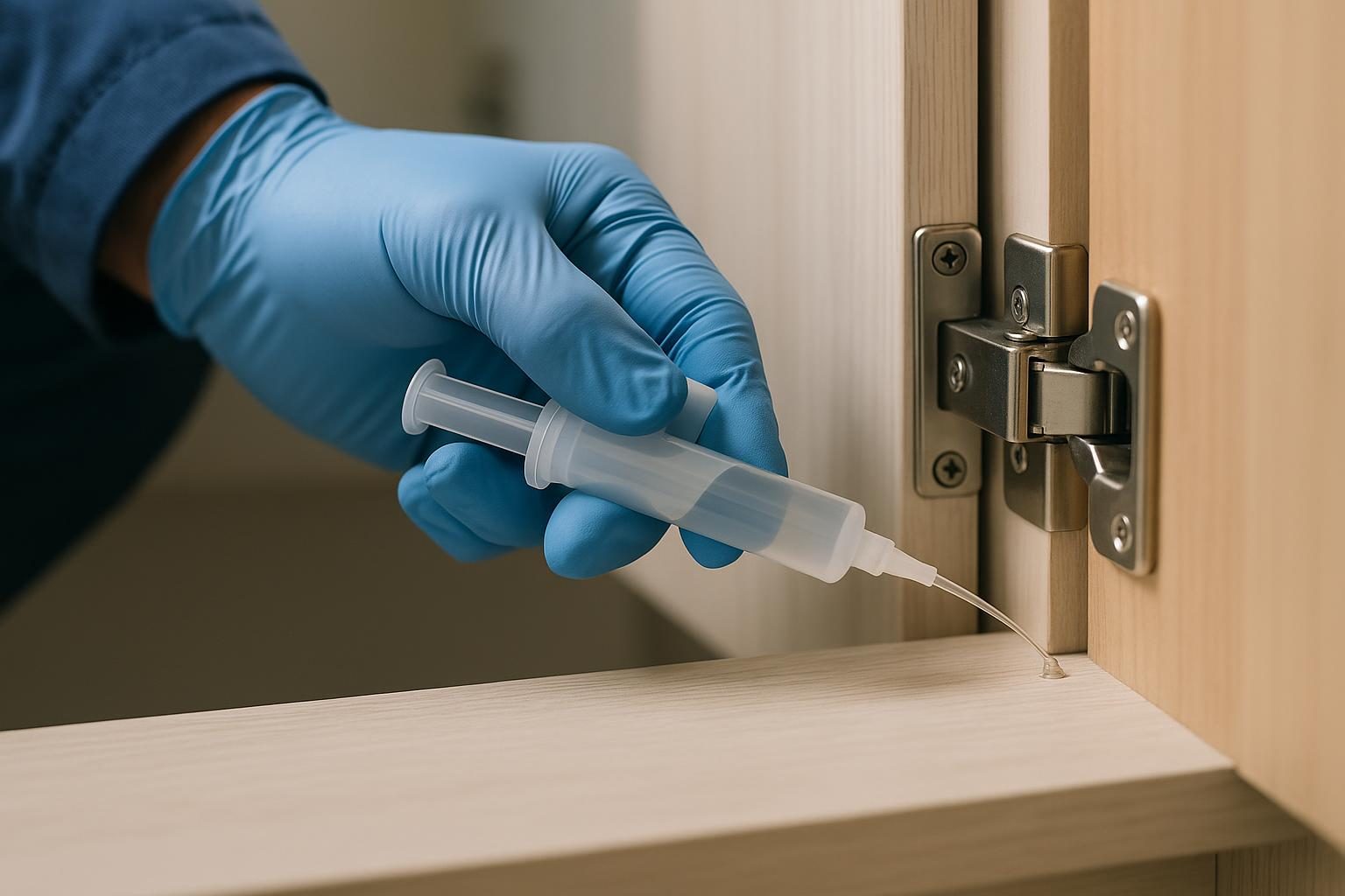 An exterminator applying cockroach gel bait inside a Dallas kitchen cabinet